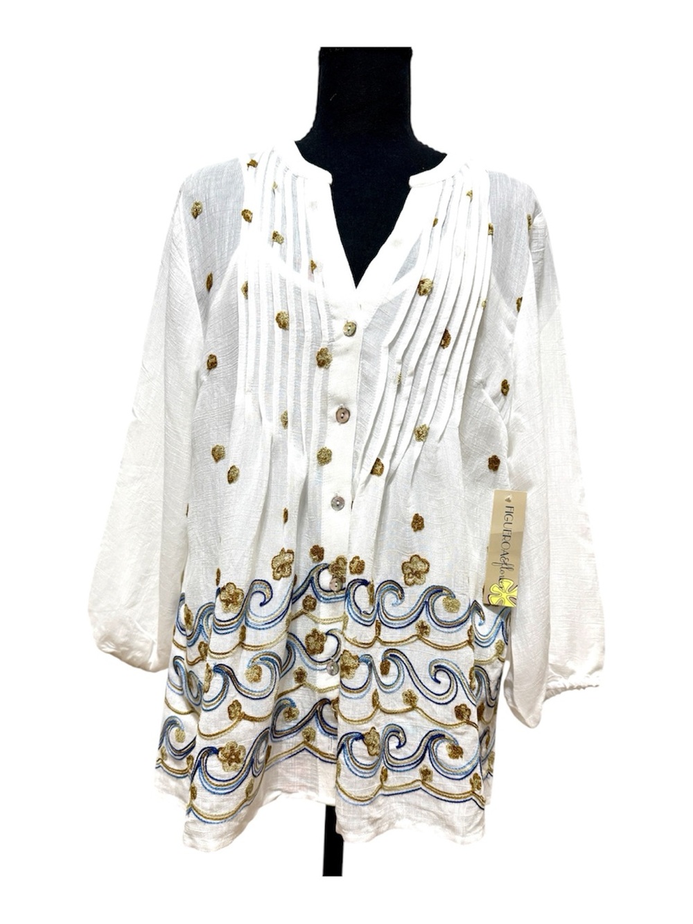 White Embroidered Pintuck Peasant Tunic with Gold & Blue Accents